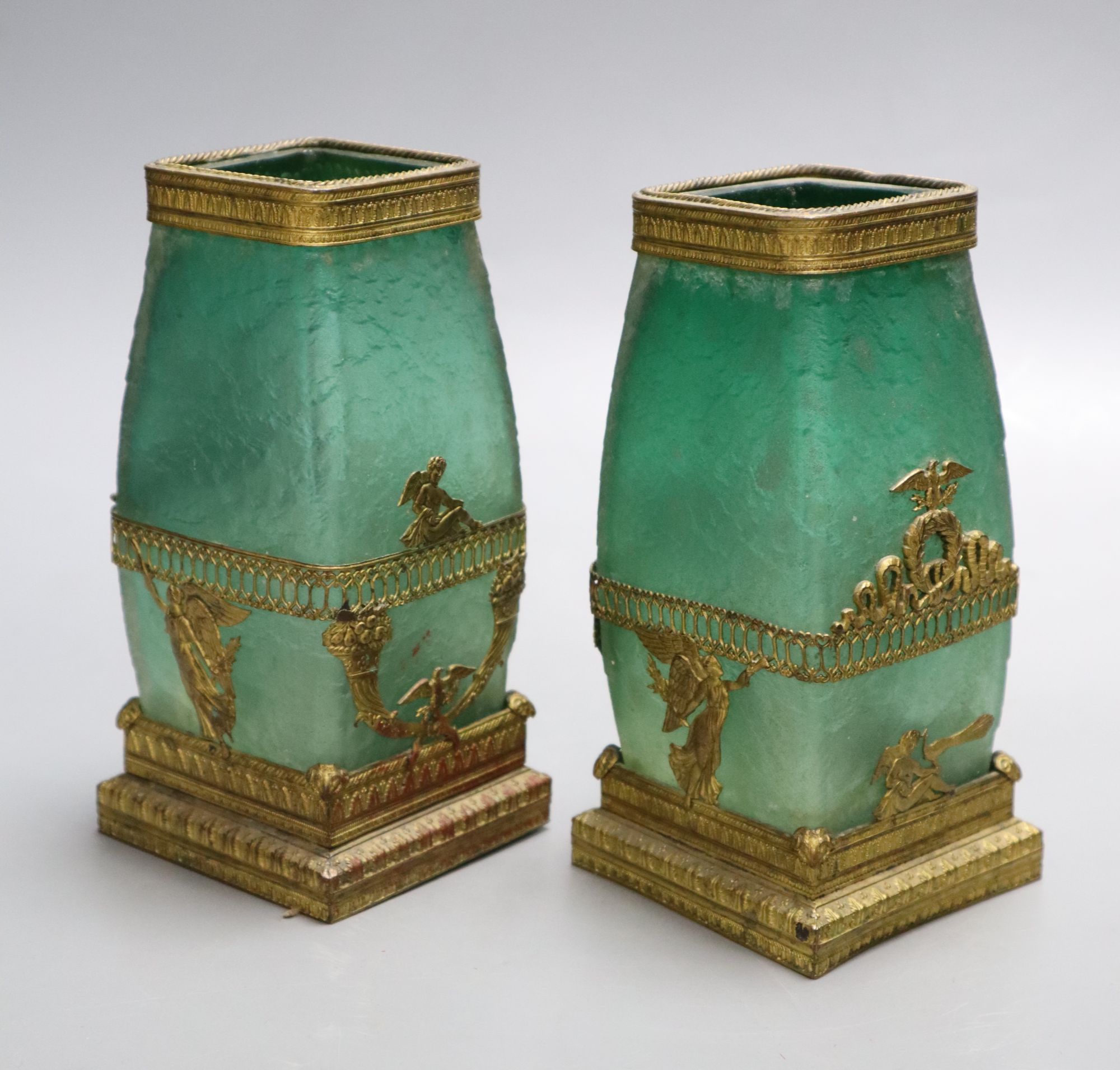 A pair of 19th century French acid-etched emerald green cameo glass vases, H 15cm